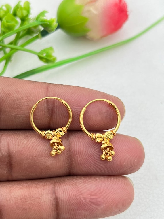 22k Yellow Gold Hoop Earring Bali Earrings huggies Hanging 