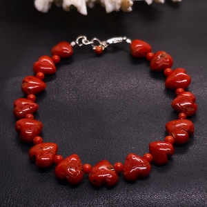 Heart Red Coral Gemstone Silver Bracelet - Natural Italian Coral Jewelry