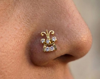 22k Gold Fleur De Lis Nose Stud • Indian Cubic Zirconia Piercing