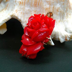 Japanese Red Coral Rose Pendant: 18K Gold Floral Necklace