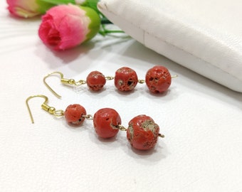 Red Coral Earrings, Beaded Dangle Earrings, Coral Bead Earrings, Beaded Hoop Earrings, Round Beaded Earrings