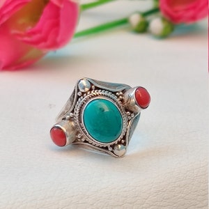 Handmade Sterling Silver Turquoise & Coral Ring - Adjustable Statement Ring