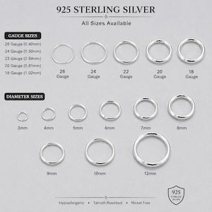 May include: A 925 sterling silver jump ring size chart displaying various gauge sizes from 26 to 18 gauge and diameter sizes ranging from 3mm to 12mm. The image includes text labels for each size, indicating the material is hypoallergenic, tarnish resistant, and nickel free.