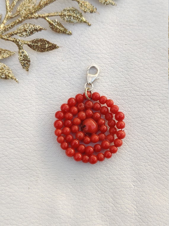 Natural Red Coral Pendant -Red Coral gemstone Bea… - image 1