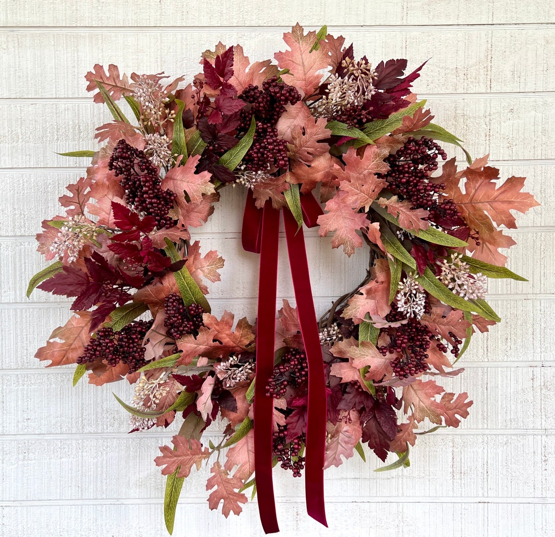 Fall Wreath for Front Door With Oak Leaves and Burgundy Berries ...