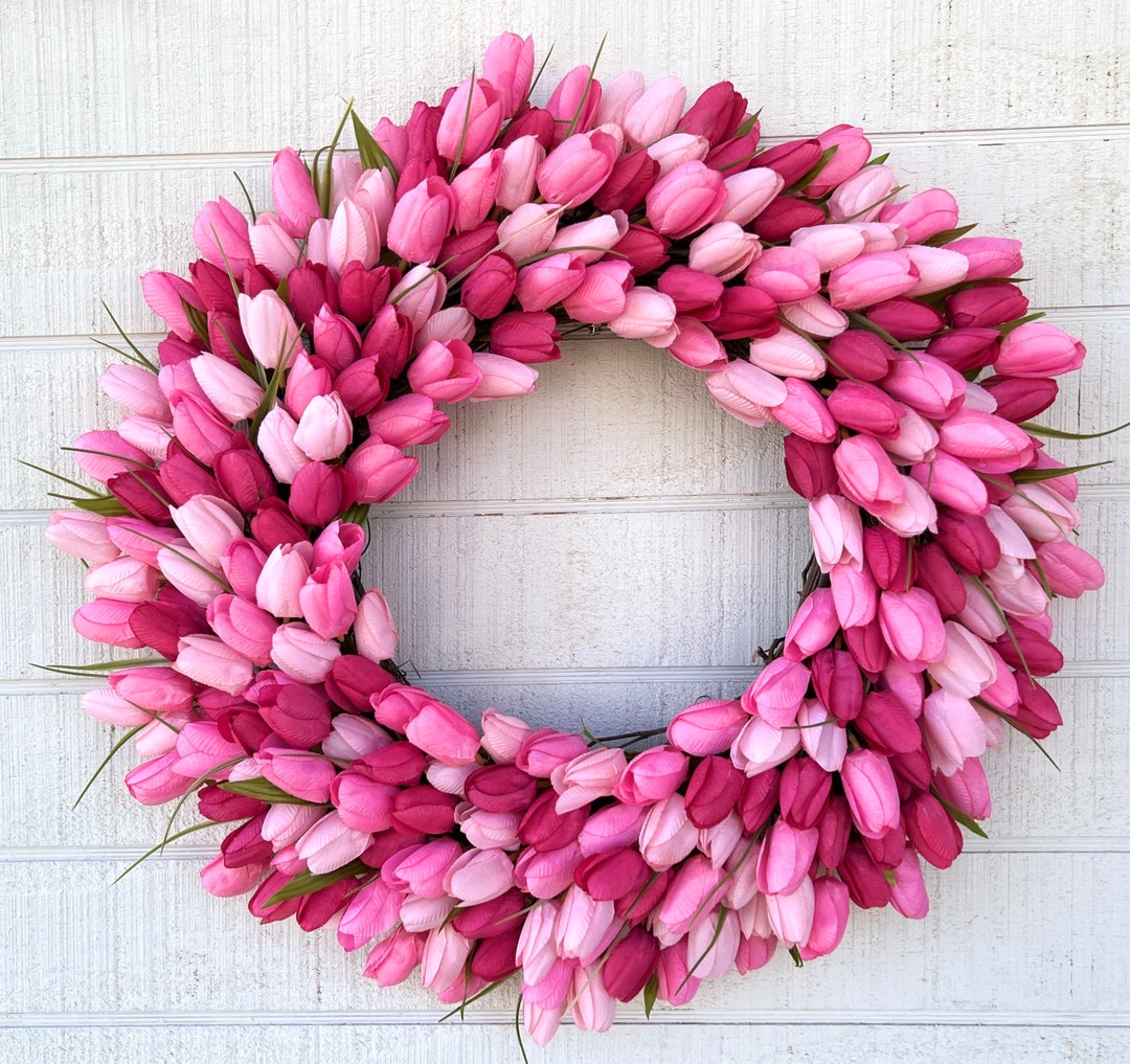 Pink Tulip Wreath, Spring Wreath for Front Door, Easter Wreath, Summer ...