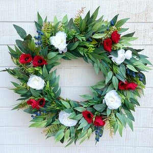 Summer Patriotic Wreath for Front Door, Red White and Blue Wreath, Summer Greenery and Floral Wreath, Blueberry Wreath, Patriotic Wreath