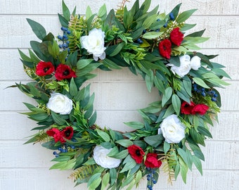 Summer Patriotic Wreath for Front Door, Red White and Blue Wreath, Summer Greenery and Floral Wreath, Blueberry Wreath, Patriotic Wreath