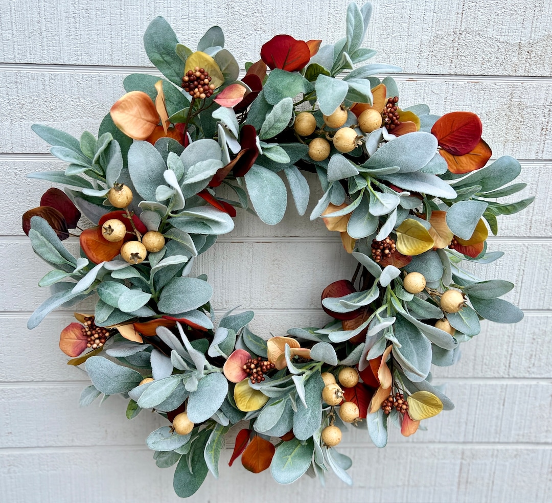 Fall Lambs Ear Wreath With Eucalyptus and Cream Berries, Autumn Wreath ...