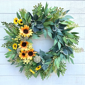 Summer Sunflower Wreath for Front Door, Summer Wreath, Yellow Sunflower and Eucalyptus Wreath, Floral Wreath, Door Decor.