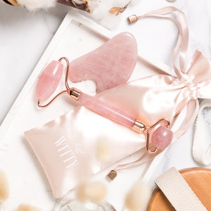 Rose Quartz Roller and Gua Sha Set, Jade Roller and Gua Sha Stone, 100% Real Rose Quartz Gua Sha Tool and Face Roller, Gift Ideas for Women