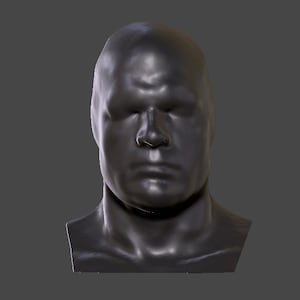 May include: A black and white bust sculpture of a person's head and neck. The sculpture is made of a smooth, matte material and has a realistic appearance.