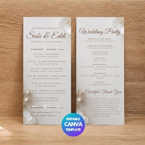 May include: Two vertical white wedding program cards featuring black text and floral accents. The left card lists the ceremony schedule for Sabi & Eddi, while the right card details the wedding party and a thank you note. A blue circular Canva logo is visible.