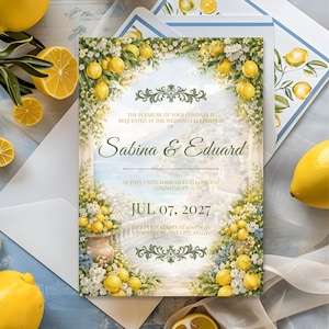 Amalfi Coast Lemon Wedding Invitation Template, Italy Destination Wedding Invite, Mediterranean Citrus Tile Design, Editable Canva 5x7