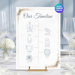 Könnte beinhalten: Ein weißes Hochzeitstafel-Schild mit blauem Text und Liniengrafik-Symbolen. Die Überschrift lautet Our Timeline, gefolgt von einem Zeitplan von 13:30 bis 01:00 Uhr mit Symbolen für eine Kirche, Ringe, Gläser, Torte, Abendessen, Discokugel und ein Auto.