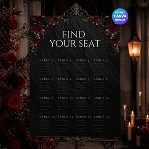 Könnte beinhalten: Ein schwarzes Sitzplan-Schild für Hochzeiten mit dem weißen Text FIND YOUR SEAT und dunkelroten sowie schwarzen Rosenakzenten in den oberen Ecken. Das Schild steht auf einem Metallständer und enthält sechzehn Tabellenauflistungen.
