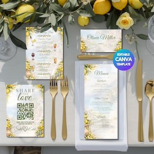 Amalfi Lemon Wedding Table Decor Bundle Canva, Italian Riviera Menu Card Table Numbers Place Cards Bar Sign Kit, Italy Citrus Download
