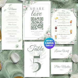 Sage Green Wedding Table Decor Bundle Canva, Editorial Elegant White Menu Place Cards, Quiet Luxury Table Numbers Bar QR Printable Suite 5x7