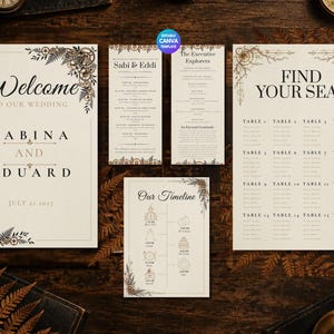 Könnte beinhalten: Ein Hochzeitspapeterie-Set mit Willkommensschild, Zeitplan und Sitzplan auf cremefarbenem Papier mit dunkelbraunem Text. Die Designs zeigen detaillierte Zahnrad- und Farnillustrationen mit dem Text Welcome to our wedding, Sabina and Eduard, July 21 2027, Our Timeline und Find Your Seat.