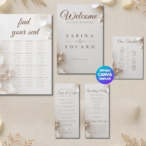 Minimal Luxury Ivory Wedding Signage Bundle Canva, Editorial Welcome Sign Seating Chart, Quiet Luxury Ceremony Program Timeline Poster Set