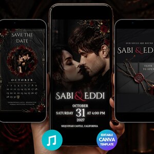 Könnte beinhalten: Drei Smartphones zeigen ein digitales Hochzeitseinladungs-Set. Die Bildschirme haben dunkle Designs mit roten Rosen, einem Paar und Texten wie "Save the Date", "Sabi & Eddi", "October 31, 2027" und "Click to Open". Das obere Banner zeigt "Digital & Paperless Bundle".