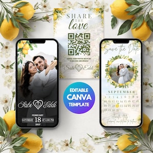 Könnte beinhalten: Ein digitales Hochzeitseinladungs-Vorlagenset mit zwei Smartphones, die Veranstaltungsdetails anzeigen, einer QR-Code-Karte sowie Zitronen- und weißen Blumenakzenten. Die Bildschirme zeigen ein Paar, den Text Sabi & Eddi, 18. Februar 2027.
