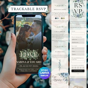 Editable Wedding Website Template, Dusty Blue Canva Wedding Website, Minimal Boho Digital Invitation, Mobile Wedding Invite, QR Code Invite