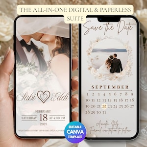 Könnte beinhalten: Zwei Smartphones mit digitalen Hochzeitseinladungsvorlagen. Der linke Bildschirm zeigt ein küssendes Paar mit dem Text Sabi & Eddi, 18. Februar 2027. Der rechte Bildschirm zeigt einen Save-the-Date-Kalender für September mit einem Foto.