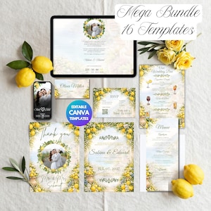 Könnte beinhalten: Eine Sammlung von 16 Hochzeitspapeterie-Vorlagen mit Zitronen- und Blattmotiven, dargestellt auf Tablet- und Smartphone-Bildschirmen sowie gedruckten Karten. Der Text enthält Mega Bundle 16 Templates und Editable Canva Templates.