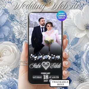 Könnte beinhalten: Ein Smartphone zeigt eine digitale Hochzeits-Website-Vorlage mit einem Foto eines Paares in formeller Kleidung, einer Blumengrafik, den Namen Sabi und Eddi, dem Datum Samstag 18. Februar 2027 um 16:00 Uhr und einem nachverfolgbaren RSVP-Button.