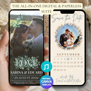 Könnte beinhalten: Zwei Smartphones zeigen eine digitale Hochzeitseinladung. Der linke Bildschirm zeigt ein Paar mit dem Text LOVE, SABINA & EDUARD, 29.AUGUST 2026. Der rechte Bildschirm zeigt einen Save the Date Kalender für September mit einem Foto eines Paares.