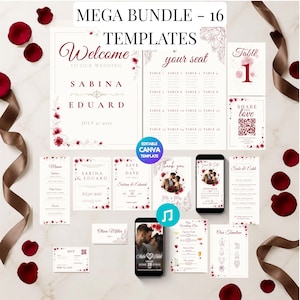 Könnte beinhalten: Ein Hochzeits-Papeterie-Set mit 16 Vorlagen, verziert mit burgunderroten Blumenmotiven und Texten wie Welcome to our wedding, Sabina & Eduard, July 21 2027, Table 1, Share the love, Menu, Save the date, Thank you und Our Wedding Bar.