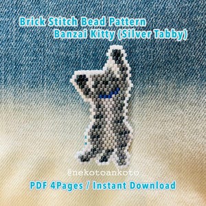 Brick Stitch Bead Pattern｜Banzai Kitty（Silver Mackerel Tabby）Motif｜MIYUKI Delica Beads