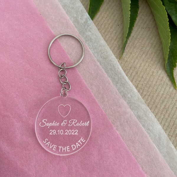 Personalised Save the Date keyring | announcement | Laser engraved clear acrylic | customised laser cut | keychain | hand-made