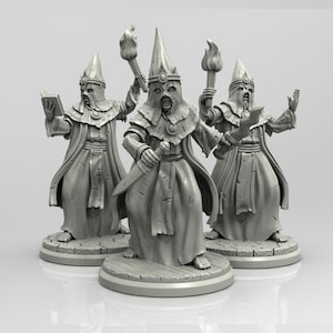 May include: Three grey painted miniature figures of hooded figures wearing robes and holding various objects, including a book, a dagger and a torch. The figures are standing on circular bases.