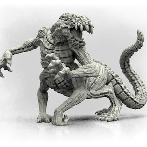 May include: A detailed, grey, 3D printed miniature of a monstrous creature with sharp claws, a wide mouth, and a long, segmented tail.