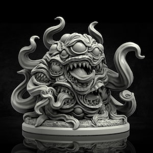 May include: A grey monster figurine with multiple eyes, sharp teeth, and tentacles. The creature has a grotesque appearance, with several mouths and a long tongue. It is mounted on a circular base, and the overall design suggests a fantasy or horror theme.