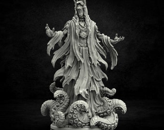 May include: A gray, skeletal figure wearing a tattered robe and a crown, standing on a base of tentacles. The figure has a gaping maw and appears to be a creature of darkness.