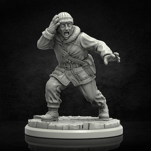 May include: A gray miniature figurine of a person in a winter coat, hat, and gloves, with an open mouth and hand raised to their head. The figure is on a circular base, with a detailed texture. The person appears to be in a state of shock or fear.