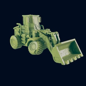May include: A green toy construction vehicle with a large scoop. The vehicle has a cab with a windshield and a large front tire.
