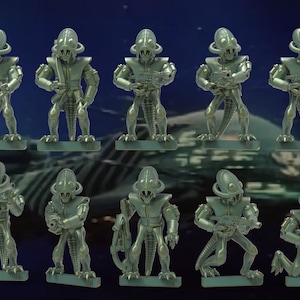 May include: A set of 10 green and grey alien figurines, each holding a weapon. The figurines are posed in various action stances.