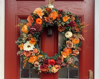 Luxury artificial autumn door wreath with peonies, pumpkins, roses, sunflowers, berries - Autumn falls, Halloween wreath