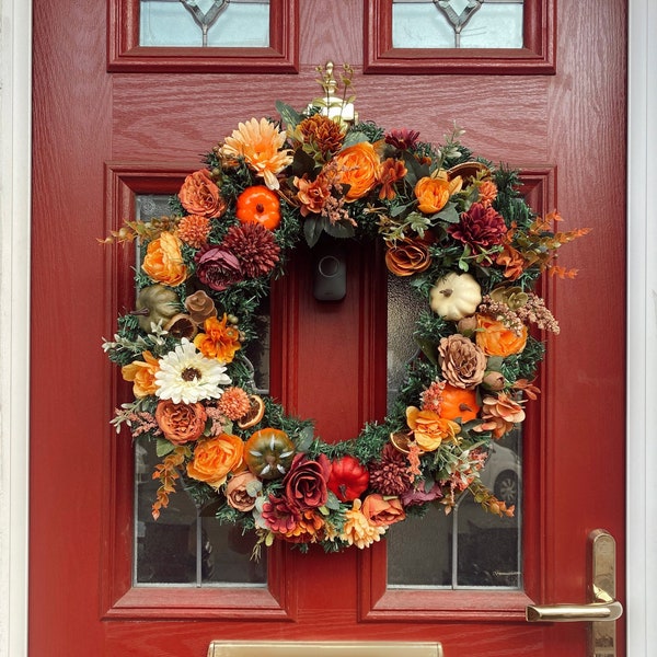 Luxury artificial autumn door wreath with peonies, pumpkins, roses, sunflowers, berries - Autumn falls, Halloween wreath