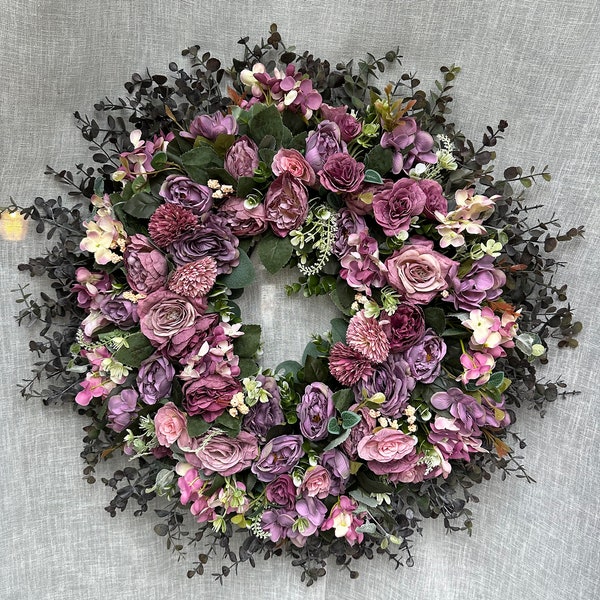 Luxury extra large 70cm artificial Spring Summer door wreath with peonies, roses, pinks, lilacs - Leaves & foliage, Easter wreath