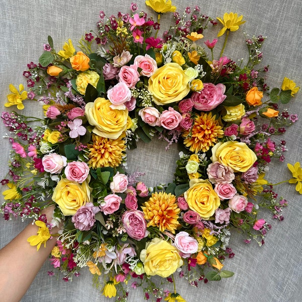 Luxury extra large 65cm artificial Spring Summer door wreath with peonies, roses, pinks, yellows - Leaves & foliage