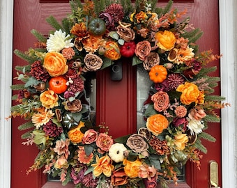 Extra Large 70cm Luxury artificial autumn door wreath with peonies, pumpkins, roses, sunflowers, berries - Autumn falls, Halloween wreath