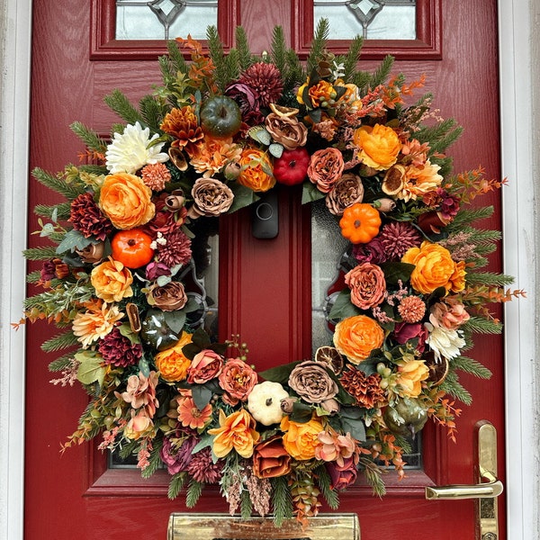 Extra Large 70cm Luxury artificial autumn door wreath with peonies, pumpkins, roses, sunflowers, berries - Autumn falls, Halloween wreath