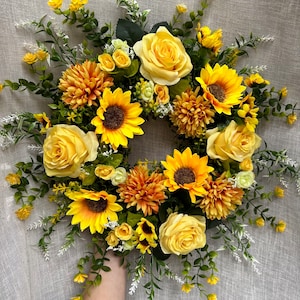 Luxury artificial Spring Summer door wreath with sunflowers, peonies, roses, yellows, oranges - Leaves & foliage, Easter wreath