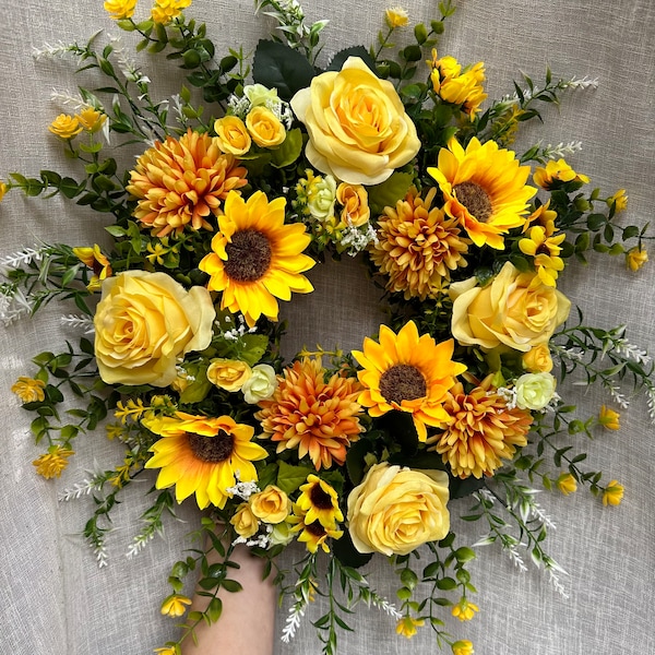 Luxury artificial Spring Summer door wreath with sunflowers, peonies, roses, yellows, oranges - Leaves & foliage, Easter wreath