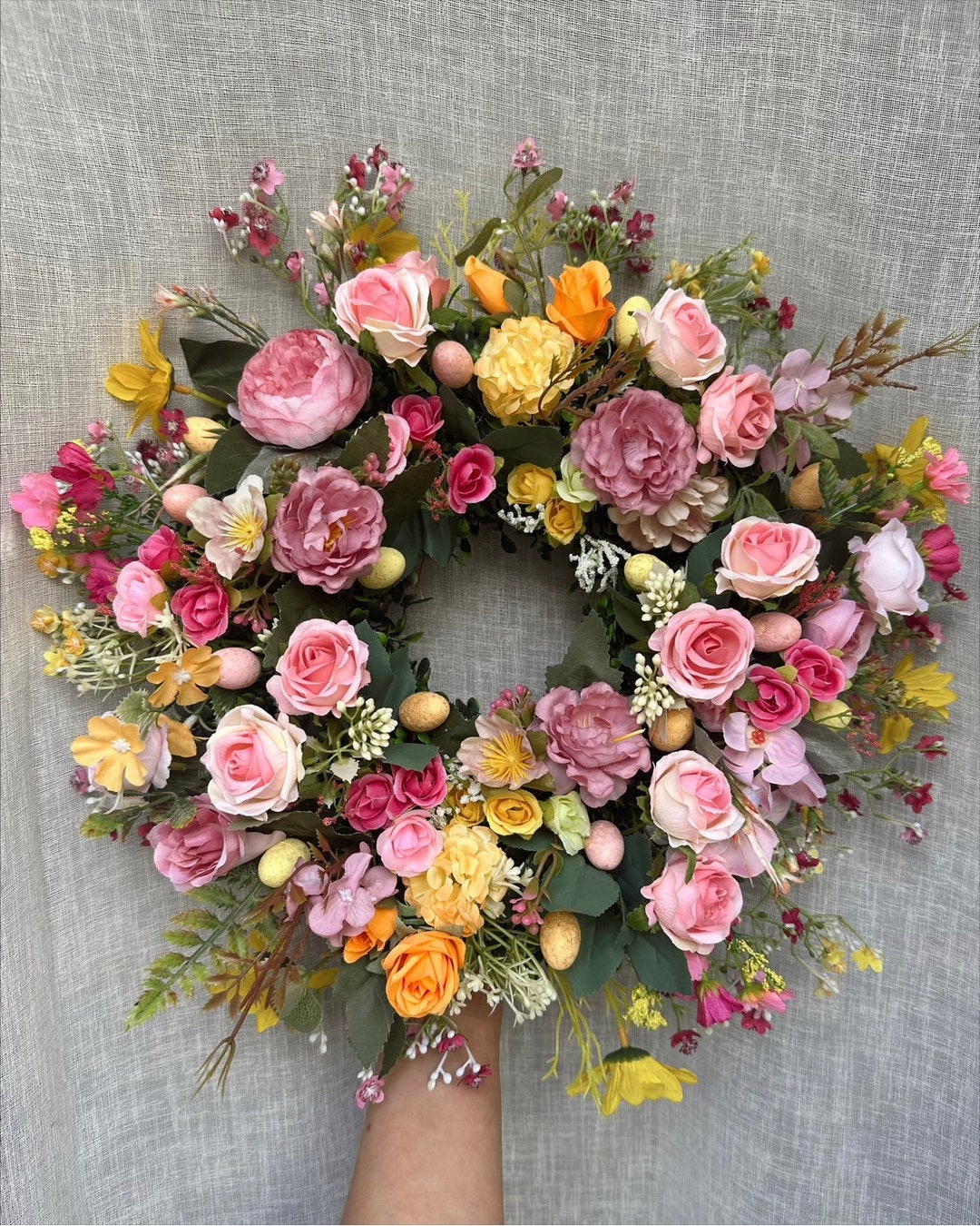 Luxury Artificial Spring Summer Door Wreath With Mini Eggs, Peonies ...